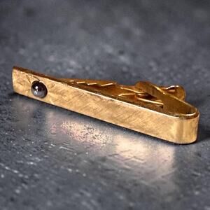 Vintage Shields Tie Clip Mens Gold Tone Black Glass Cabochon Brushed MCM